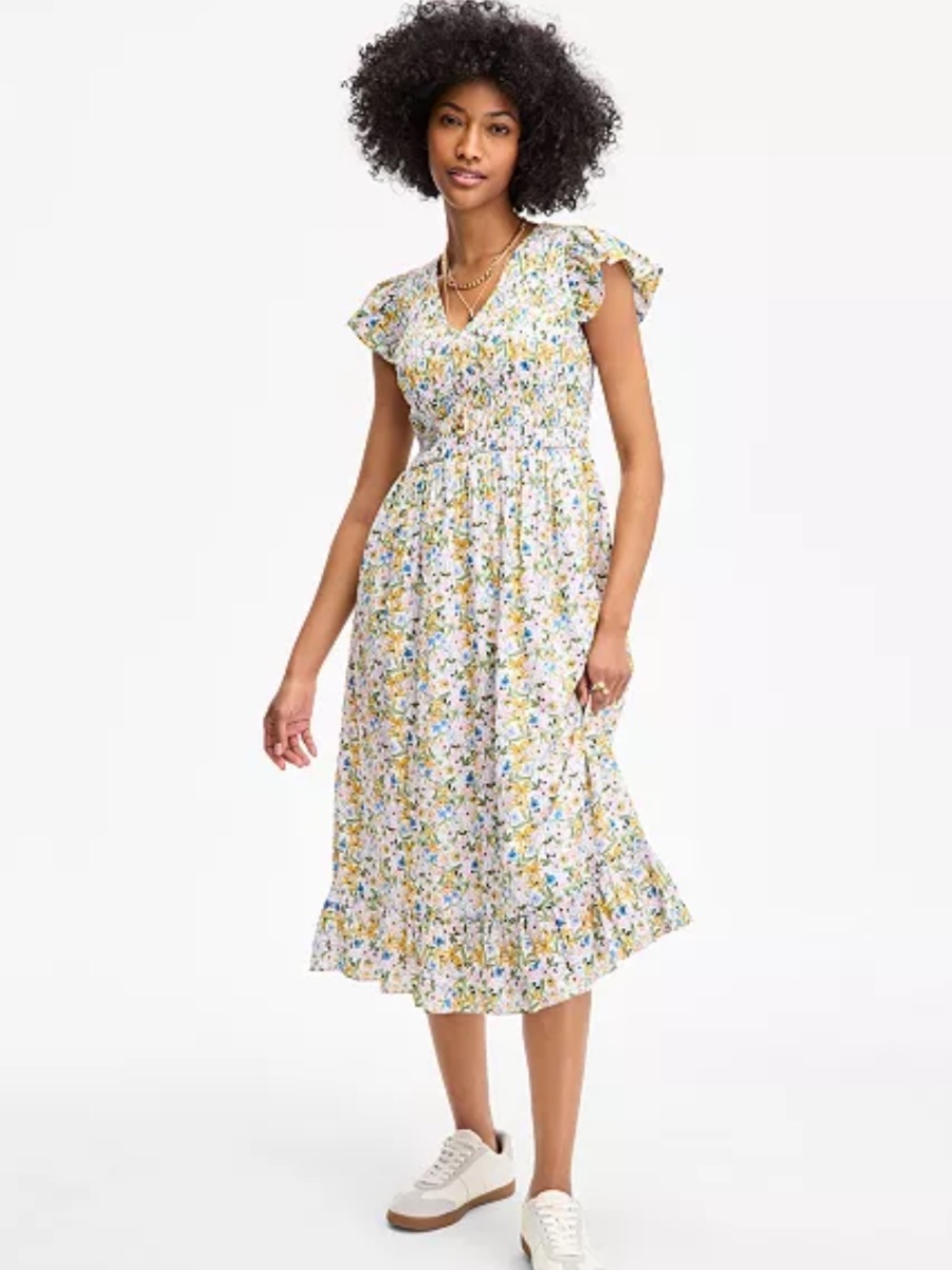 On 34th Floral Smocked Flutter Sleeve Midi Dress